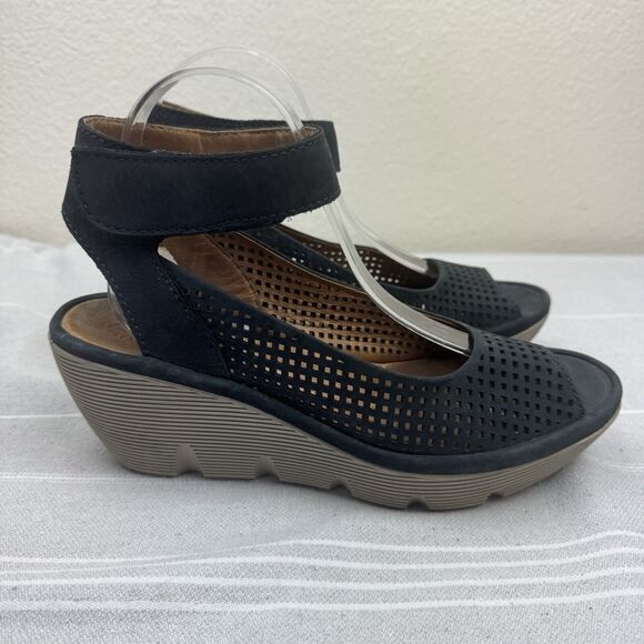 Clark’s Collection Reedly Salene Wedge Sandals Leather Peep Toe Black 8.5 - Picture 2 of 15